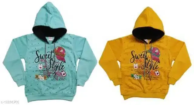 Fleece Printed Full Sleeves Hooded Sweatshirts for Girls, Pack of 2 (Light Green & Mustard, 3-4 Years)