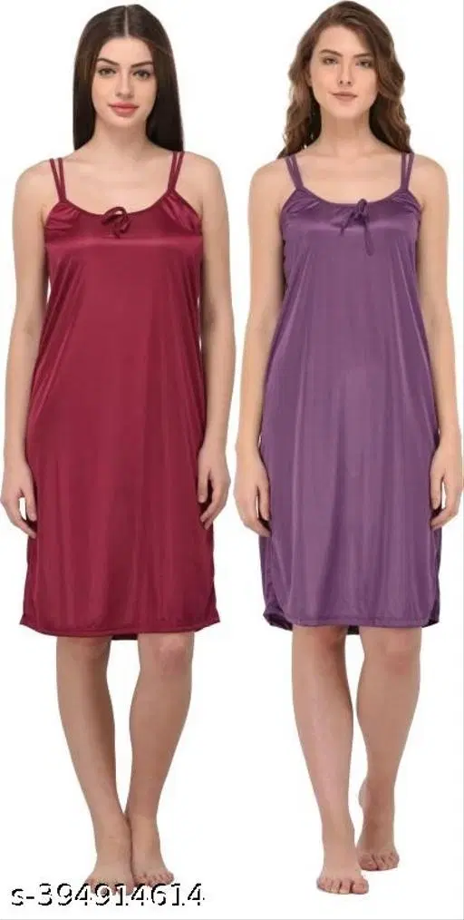 Satin Solid Nightdress for Women, Purple & Dark Pink, Pack of 2 (S)