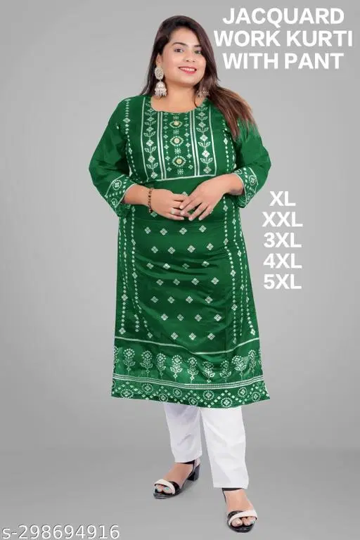 Chanderi Cotton Embroidered Kurti with Pant for Women (Bottle Green, XL)