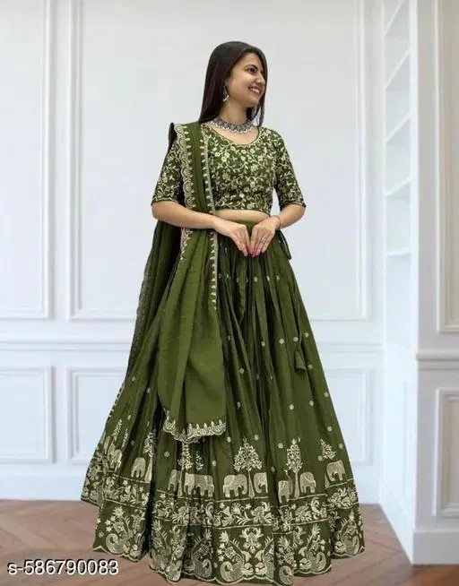 Embroidered Lehenga Choli for Women (Mehndi, Free Size)