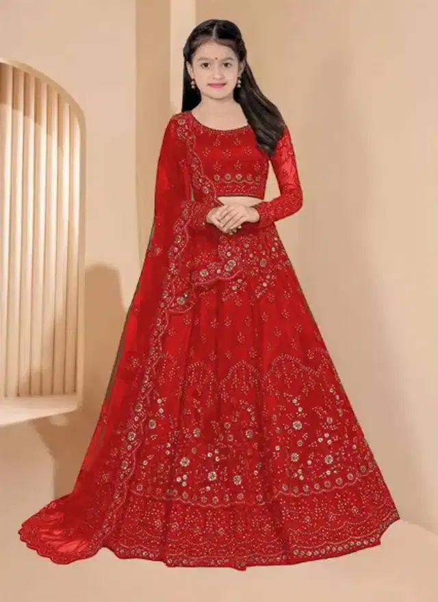 Net Embroidered Semi Stitched Lehenga for Girls (Red, 7-8 Years)