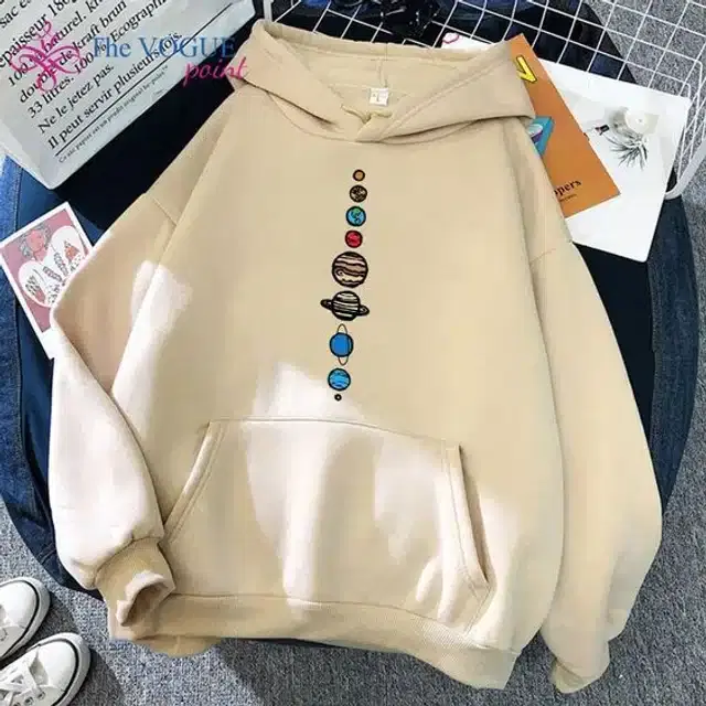 Fleece Self-Design Hoodies for Women (Beige, S)