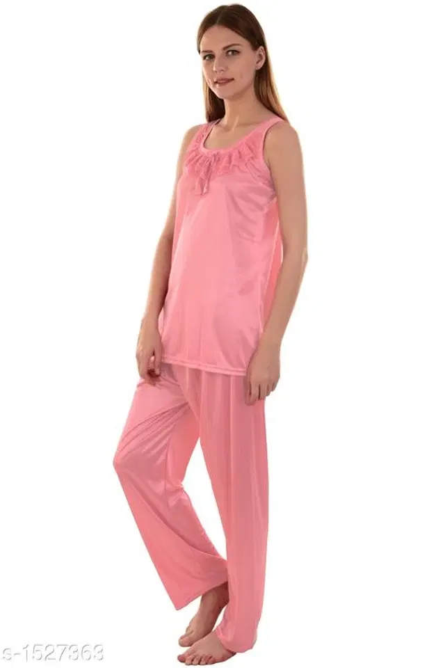 Satin Nightsuit Set for Women (Pink, M)