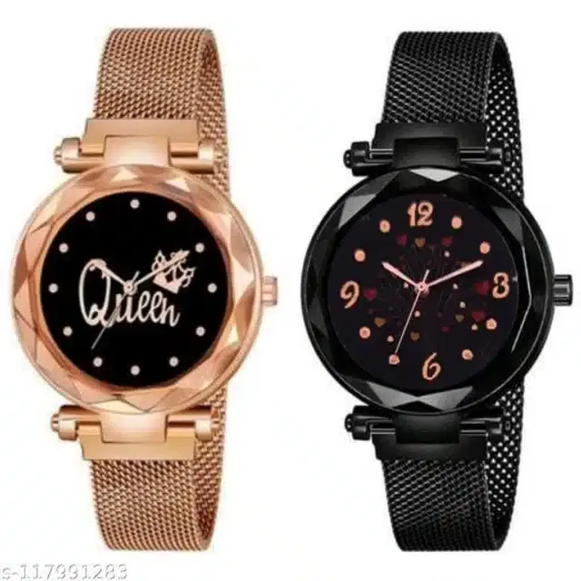 Analog Watch for Women, Set of 2 (Rose Gold & Black)