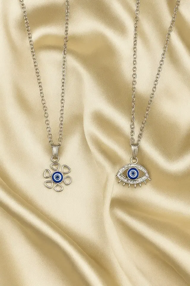 Women's Silver Evil Eye Pendant Necklace Set - Pack of 2, Pack of 2, Elegant Curve (Eye Design)
