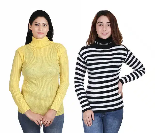 Full Sleeves Solid Sweater for Women, Pack of 2 (Yellow & White, S)