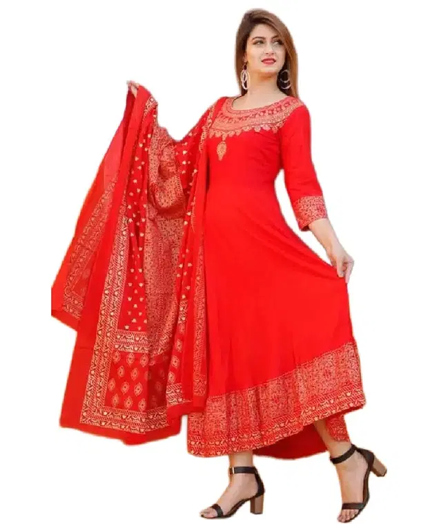 Mulmul Printed Kurti with Dupatta for Women (Red, XL)