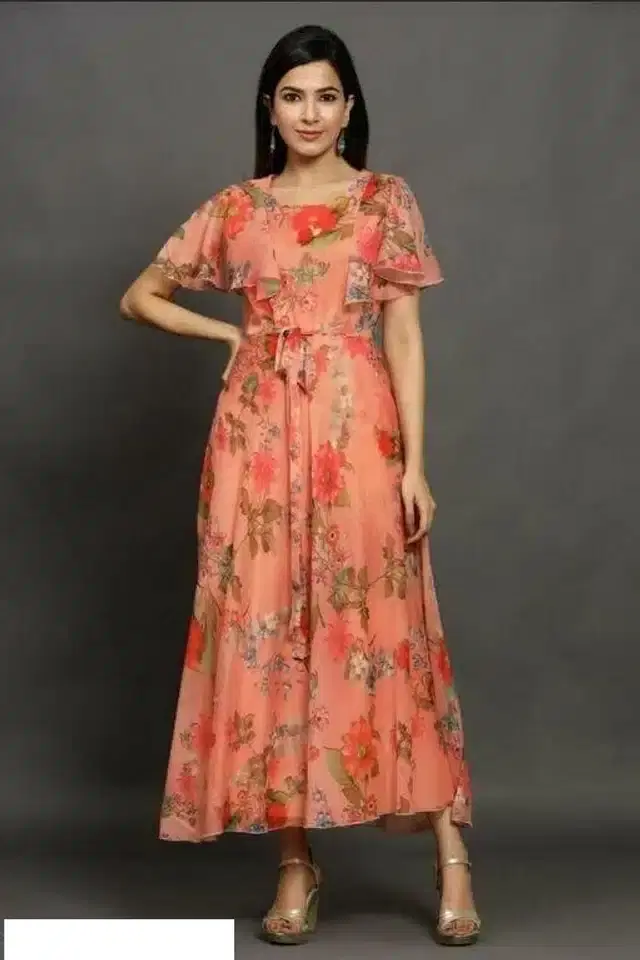 Women's Printed Anarkali Flared Gown (Peach, M)