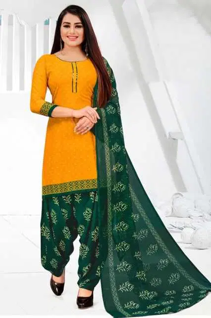 Sharda Magnificient Leon Crepe Women Printed Unstitched Casual Dress Material Suit (Yellow) (SC-34)