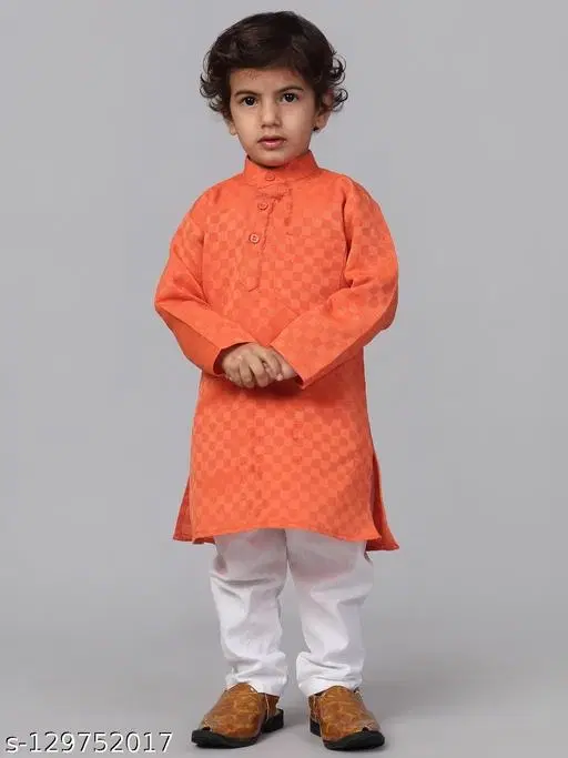 Cotton Blend Kurta with Pyjama for Boys (Orange & White, 1-2 Years)