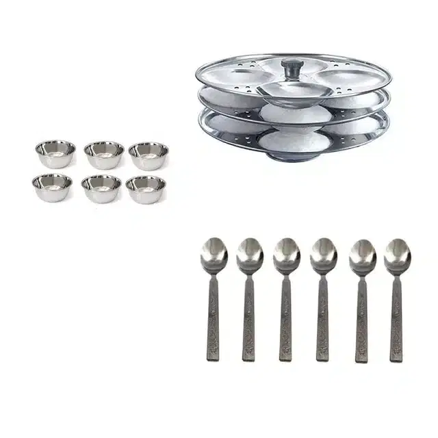 Stainless Steel 6 Chatni Katori,6 Steel Chammach & Idli Making Stand of 3 Plates, Combo of 3