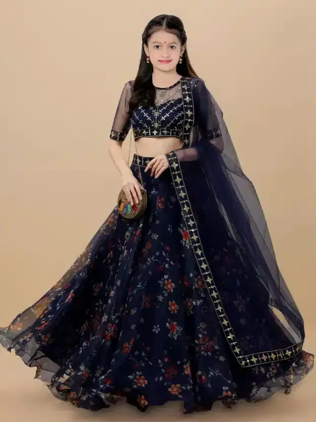 Net Embroidered Semi Stitched Lehenga for Girls (Blue, 9-10 Years)