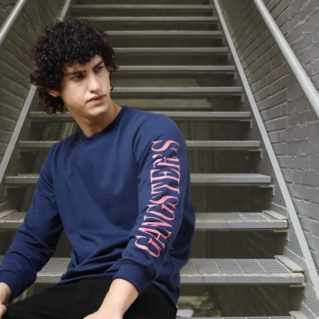 Fleece Graphic Sweatshirt For Men, Blue (M)