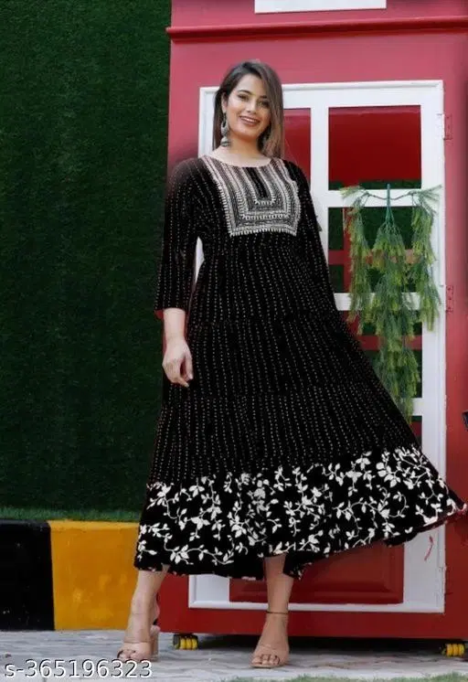 Rayon Printed Anarkali Kurti for Women, Black (L)