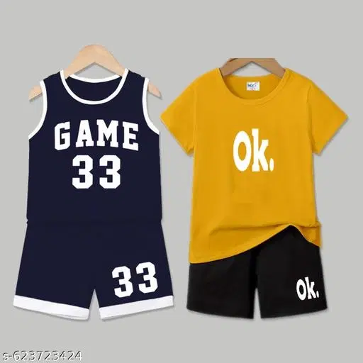 Cotton Blend Printed Clothing Set for Boys, Navy & Mustard, Pack Of 2 (0-1 Months)