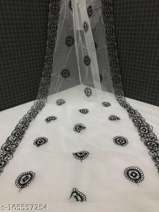 Ethnic Motif Beads & Stones Embroidered Net Dupatta for Women (Black, Free Size)