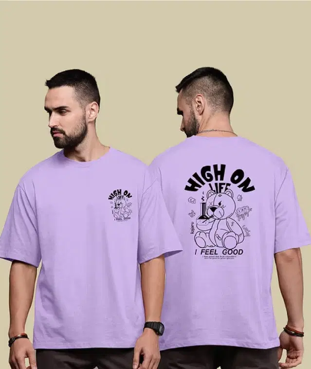 Round Neck Printed Oversized T-Shirt for Men (Lavender, M)