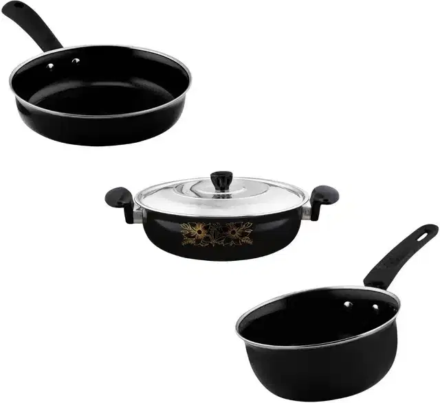 Non Stick Kadai, Stainless Steel Lid & Frying Pan with Saucepan, Black, Set of 3
