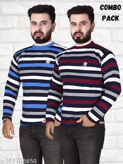 Woolen Striped Sweater for Men, Pack of 2 (Blue & Maroon, L)