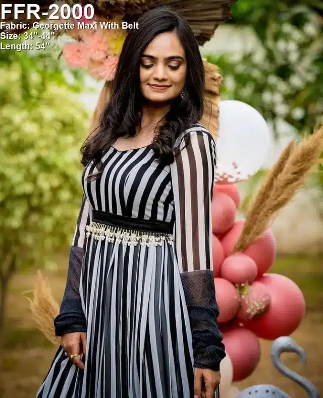 Women's Striped Flared Anarkali Gown (Black, M)