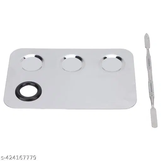 Stainless Steel Cosmetic 3 Dip Makeup Mixing Plate with Spatula Tool for Women (Silver)