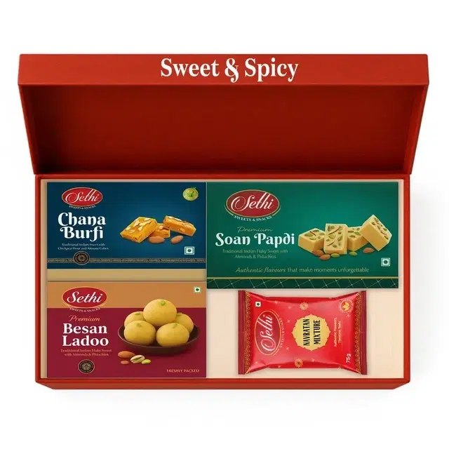 Sethi Chana Barfi 200g + Besan Ladoo 200g + Soan Papdi 250g  + Navratan Mixture 200g
