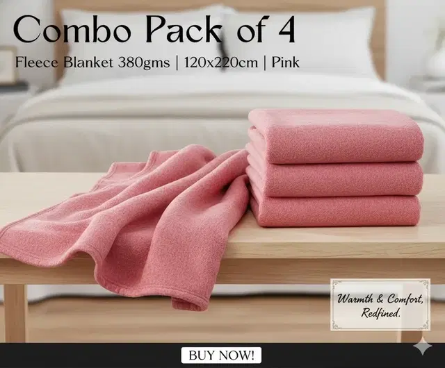 Combo Pack of 4 Arch Melange Fleece Blanket 380gms 120x220cm Pink