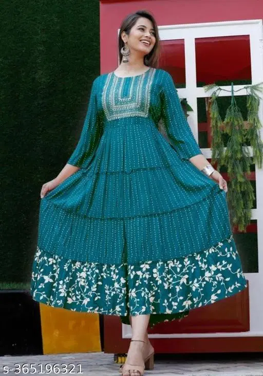 Rayon Printed Anarkali Kurti for Women, Blue (XXL)