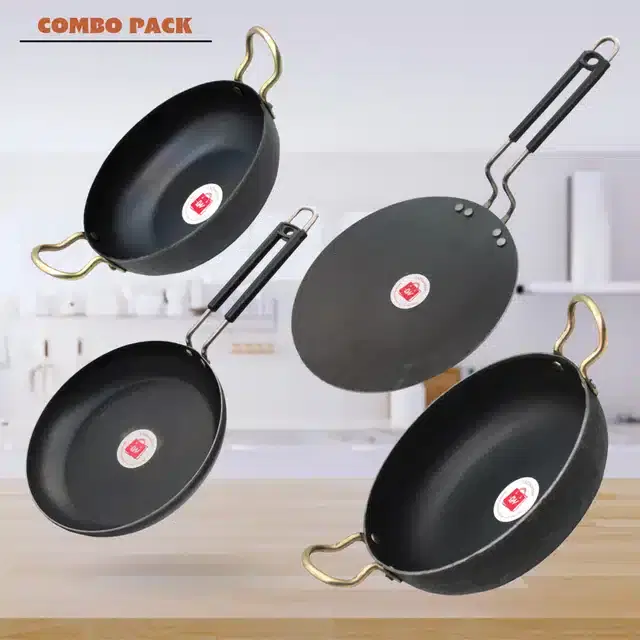 Frying Pan & Tawa Set, Pack of 4, Black, 1200 ml