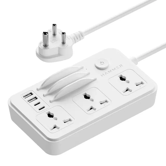 Hammer Power Strip With 3 Universal Sockets With Child Security, Total 40w (2 Usb Ports And 2 Type C 20w Pd Individual), Mobile Holder,High Temperature Surge Protector,2300W With 1.5 Meter Cable White
