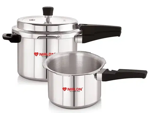 Nirlon Aluminium Pressure Cookers, 5 L & 3 L with Common Outer Lid, Silver & Black, Set of 2