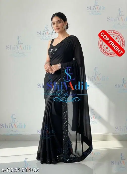 Chiffon Solid Saree For Women, Black