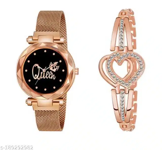 Analog Watch with Bracelet for Women, Set of 2 (Rose Gold)