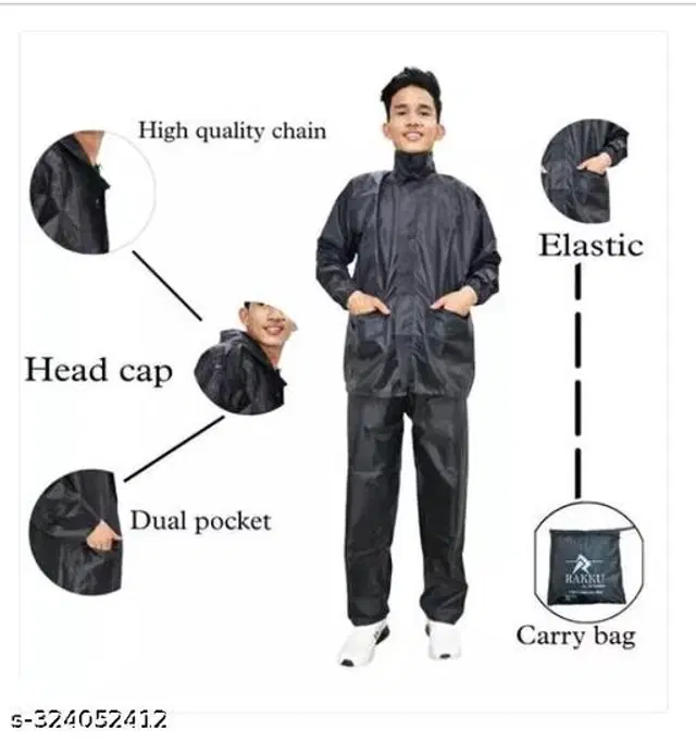 Polyester Rain Coat for Men, Black, M