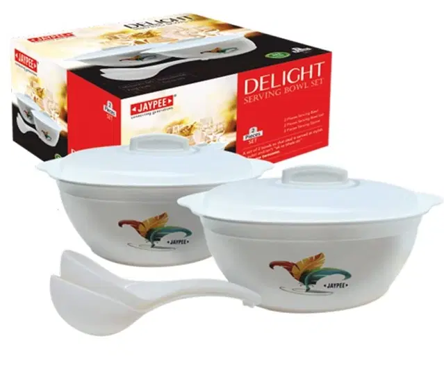 Plastic Serving Bowl Set with Serving Spoon, White, Set of 2