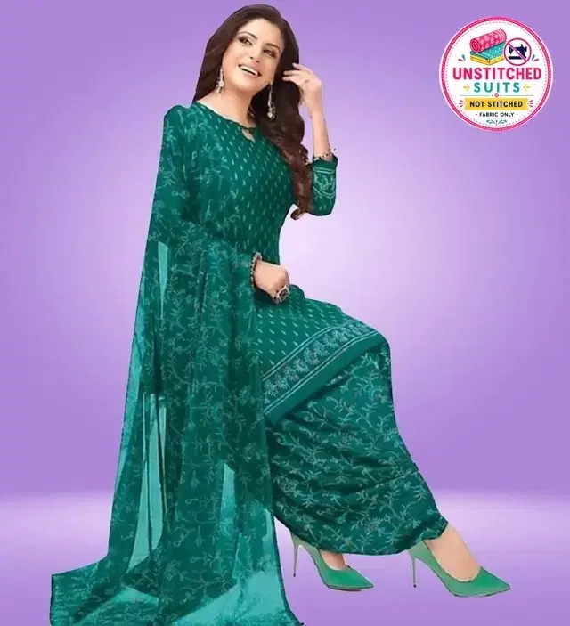 Crepe Printed unstitched suits for women, Teal Green