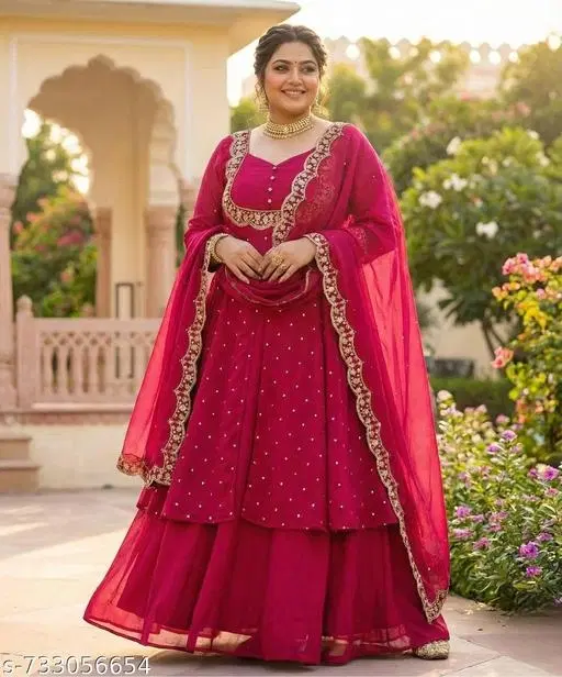 Embellished Dupatta Set for Women (Pink, S)
