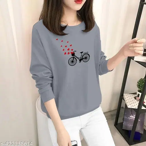 Cotton Blend Printed Sweatshirt for Women (Grey, XS)