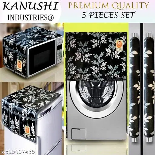 KANUSHI Industries®Fridge/Refrigerator Cove+1 Pc Microwave Cover+1 Front Load Washing Machine Cover+2 Pc Handle Cover(FRI+Micro+W.M-Front+2-HDL-Black-SMAL-LEV)…