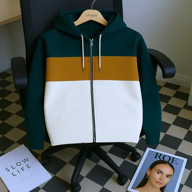 Cotton Blend Colorblocked Hooded Jacket for Men, Green (M)