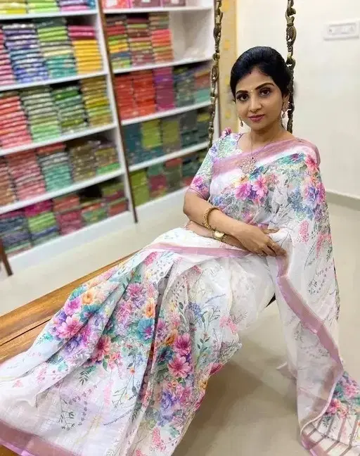 Cotton Linen Printed Saree for Women (Multicolor, 6.3 m)