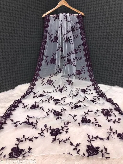 Embroidered Punjabi Net Botanical Sewing & Embroidery (White, Free Size)