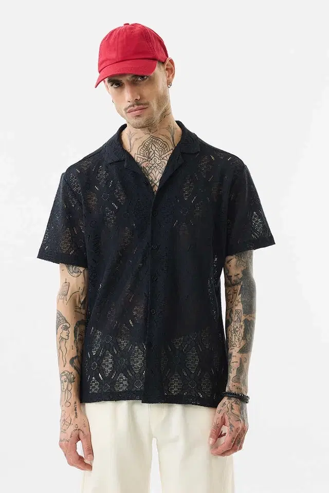Polyester Half Sleeves Printed Shirt for Men, Black (L)