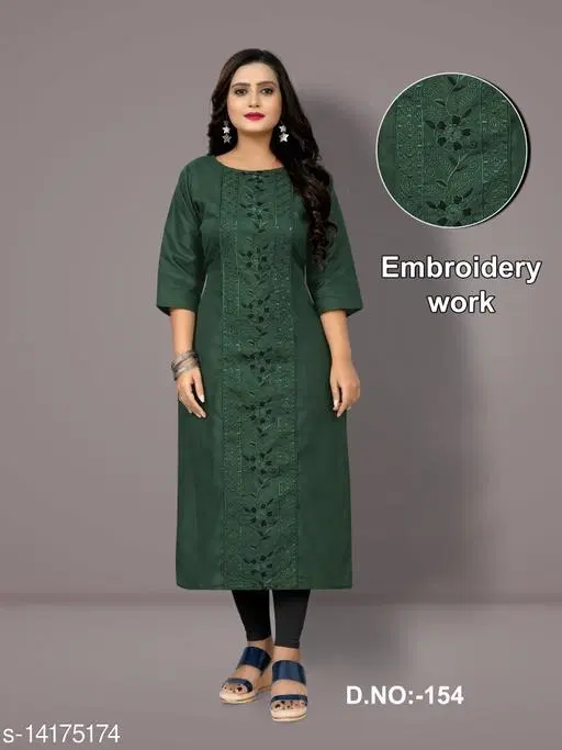 Floral Embroidered Cotton Blend Kurti for Women (Green, 4XL)