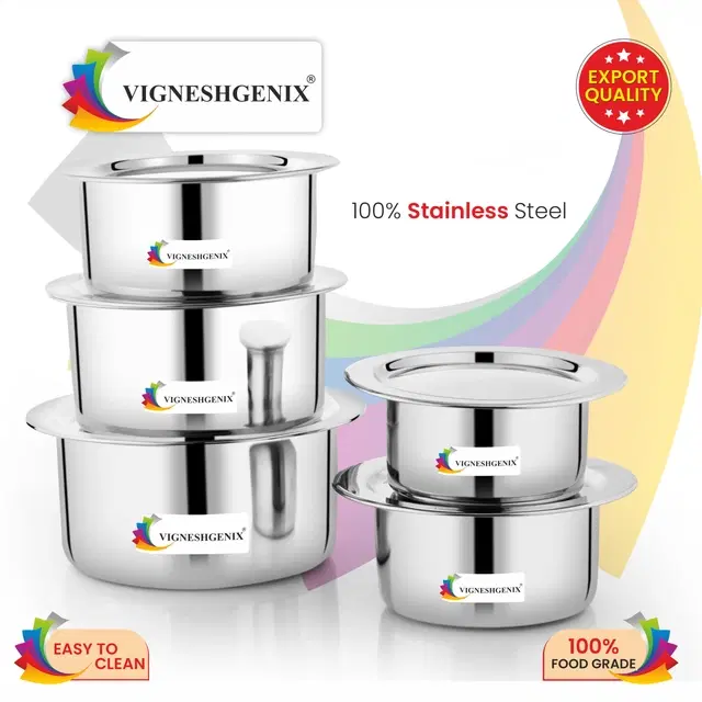 Stainless Steel Handi with Lids, Silver, Set of 5