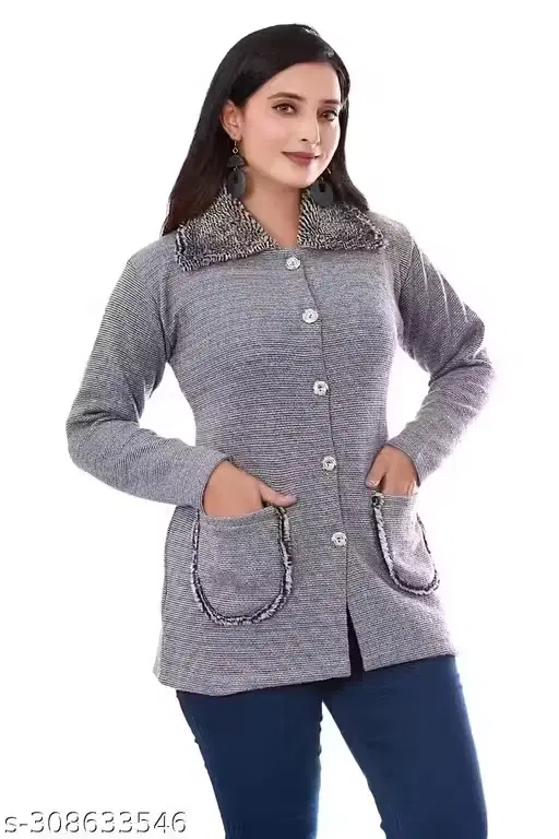 Women Self Design Collared Neck with Fur Long Sweater, Grey (Free Size)
