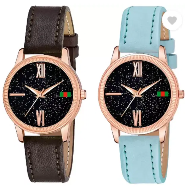 Leather Strap Analog Watch for Women & Girls, Pack of 2 (Multicolor)