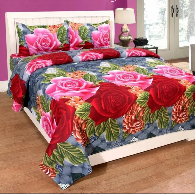 Polycotton Double Bedsheet with 2 Pillow Cover, Multicolor, 90x90 inches
