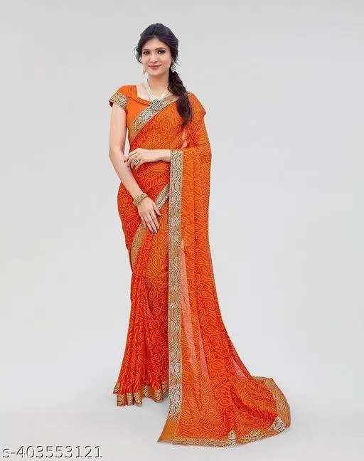 Georgette Printed Saree for Women, Orange (6.3 m)