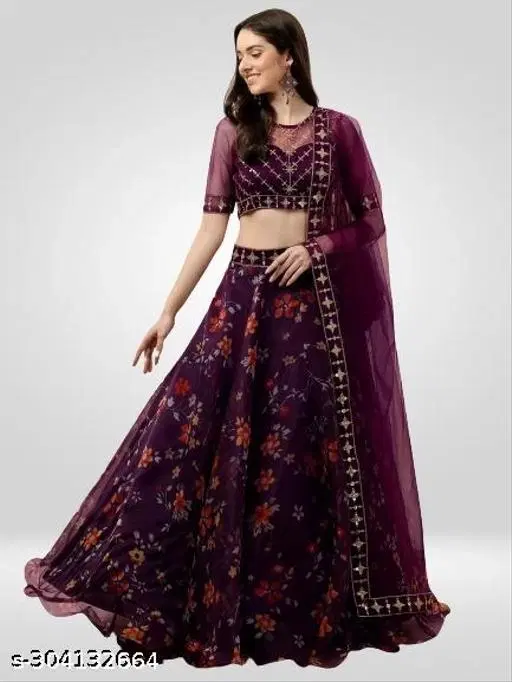 Lehenga Choli for Women (Purple, Semi Stitched)